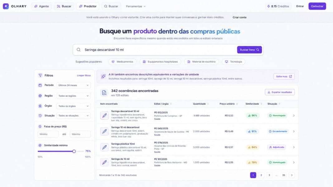 Busca por produtos dentro de compras públicas no Olhary Predictor